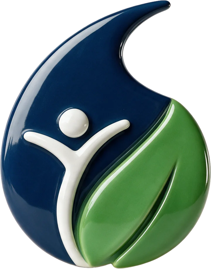 Logo der Corran-Rueff Richert Stiftung: Wassertropfen mit Mensch und Blatt